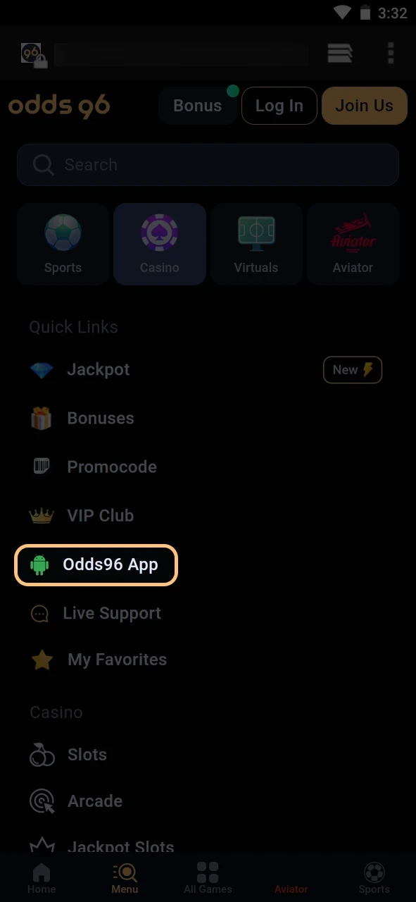 Go to the download section of the Odds96 application.