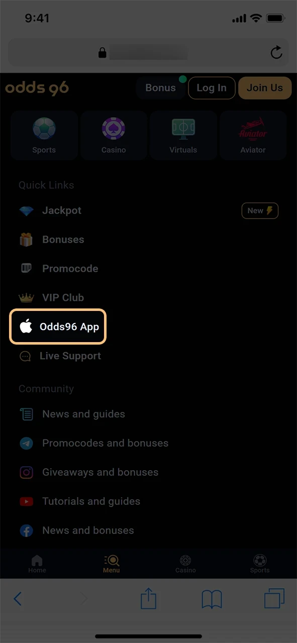 Click on the download button for the Odds96 app for iOS.