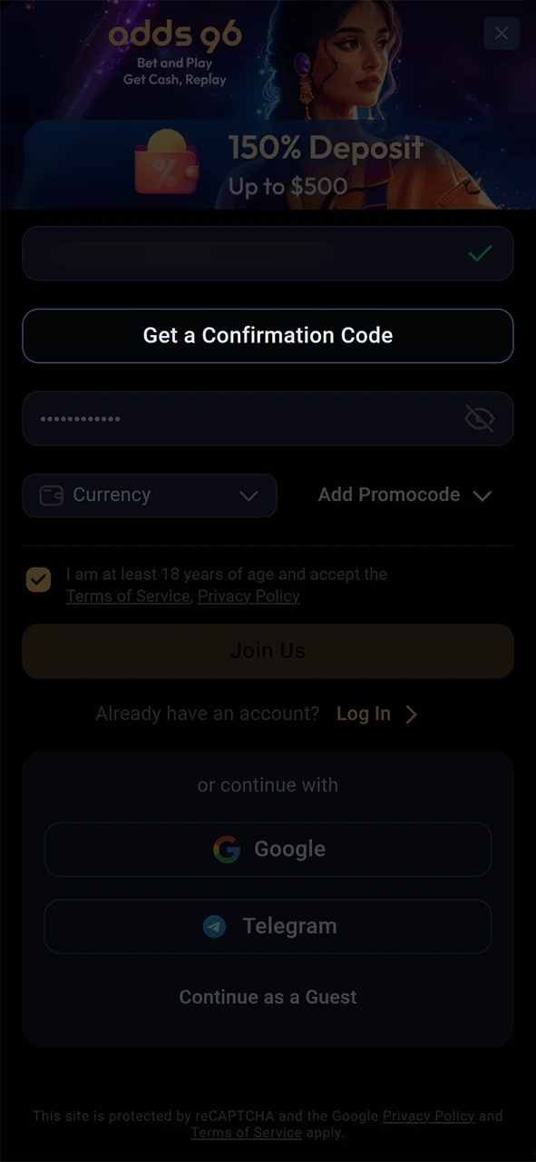 Enter the confirmation code, confirm you are over 18 years old and complete the regsitration on Odds96.