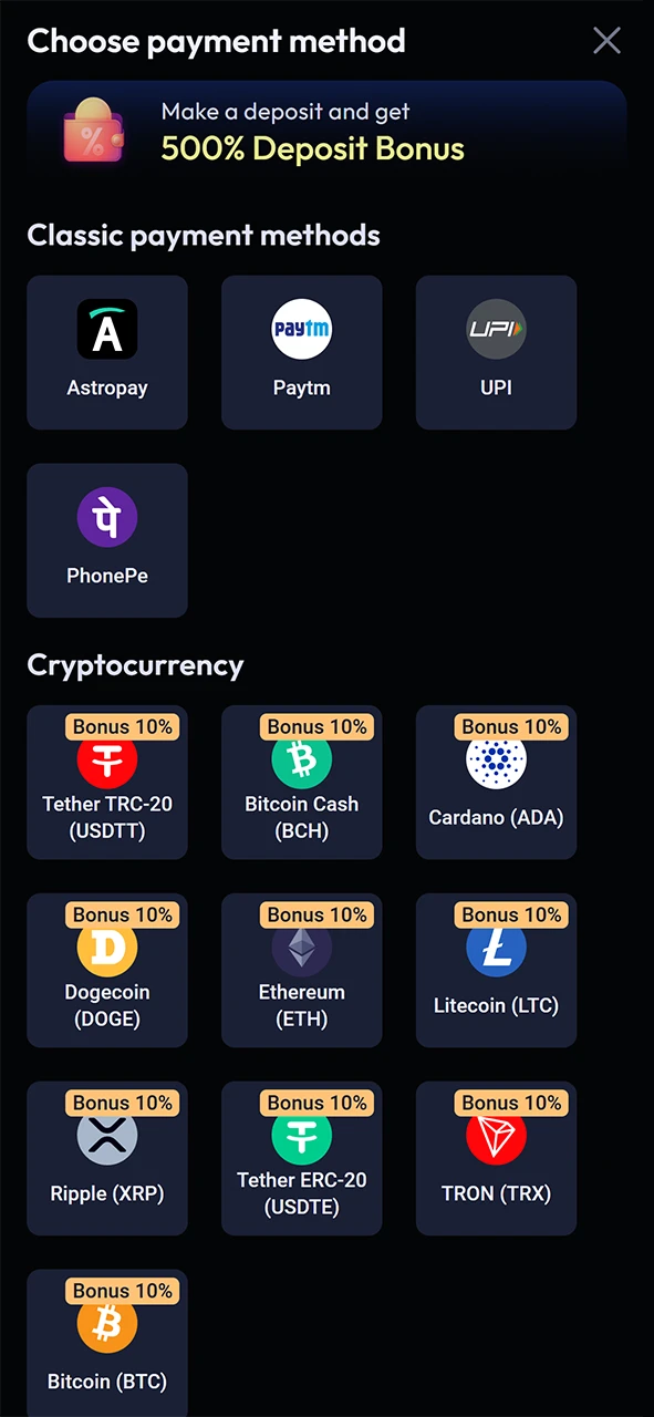 Choose a convenient way to top up your Odds96 account.