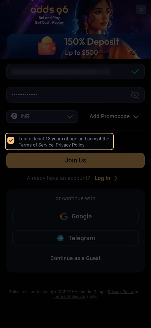 Confirm that you are 18 years of age and accept the terms and conditions of the Odds96 platform.