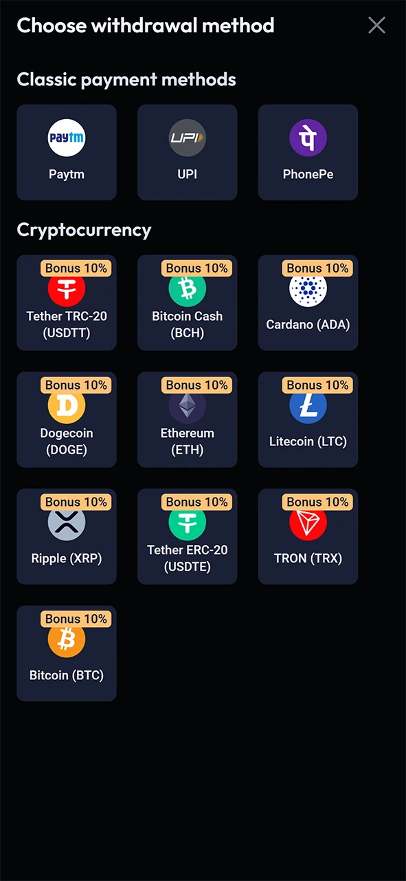 Choose a convenient method of withdrawal from Odds96.