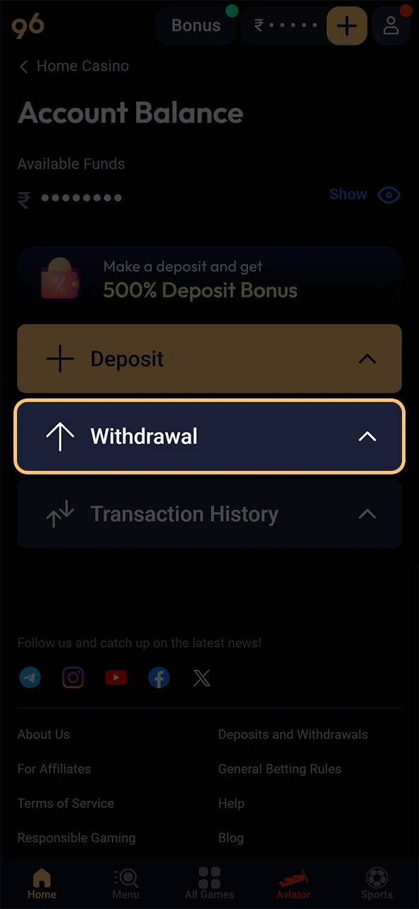 Go to the withdrawal section of Odds96.