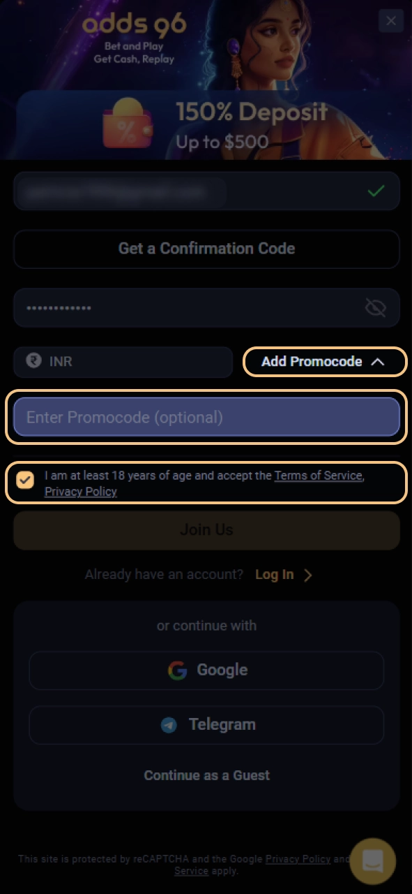 Enter the Odds96 promo code and confirm your registration.